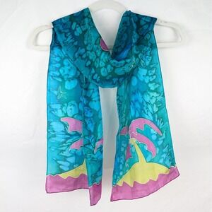 Vtg Y2K Silk Batik Scarf Palm Tree Tropical Beach Blue Purple Bag Wrap Vacation